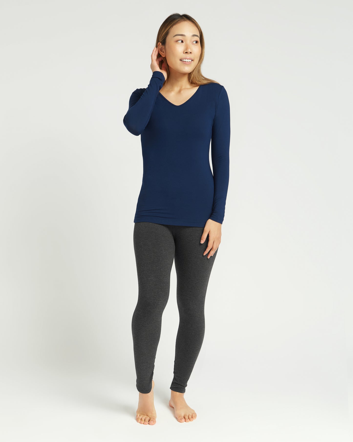 Bamboo Long Sleeve V Neck - Navy - O2wear Bamboo