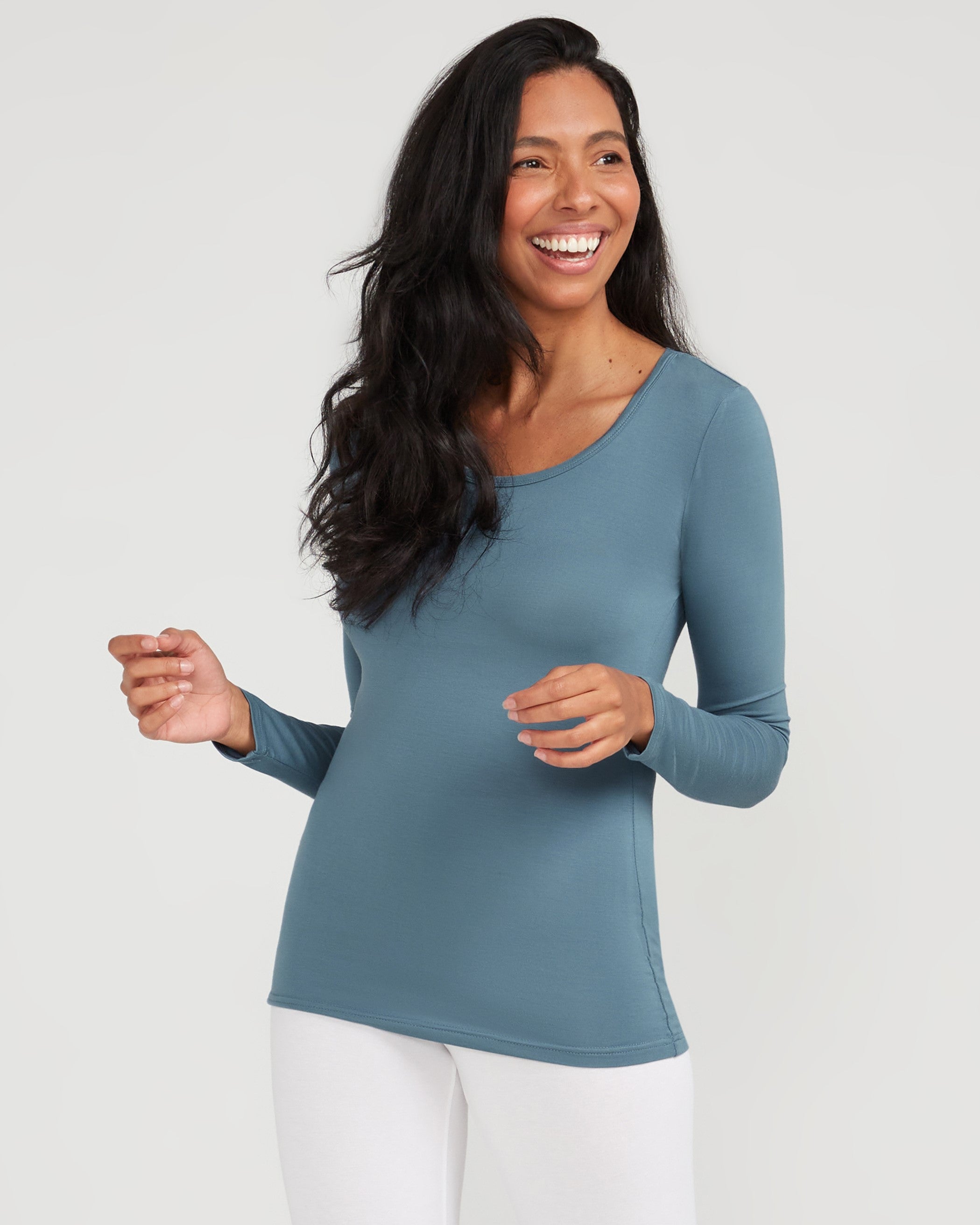 Bamboo Long Sleeve Top Teal Soft Luxury Casual Breathable high quality Stretch Plus Size Round Neck Capsule Layering